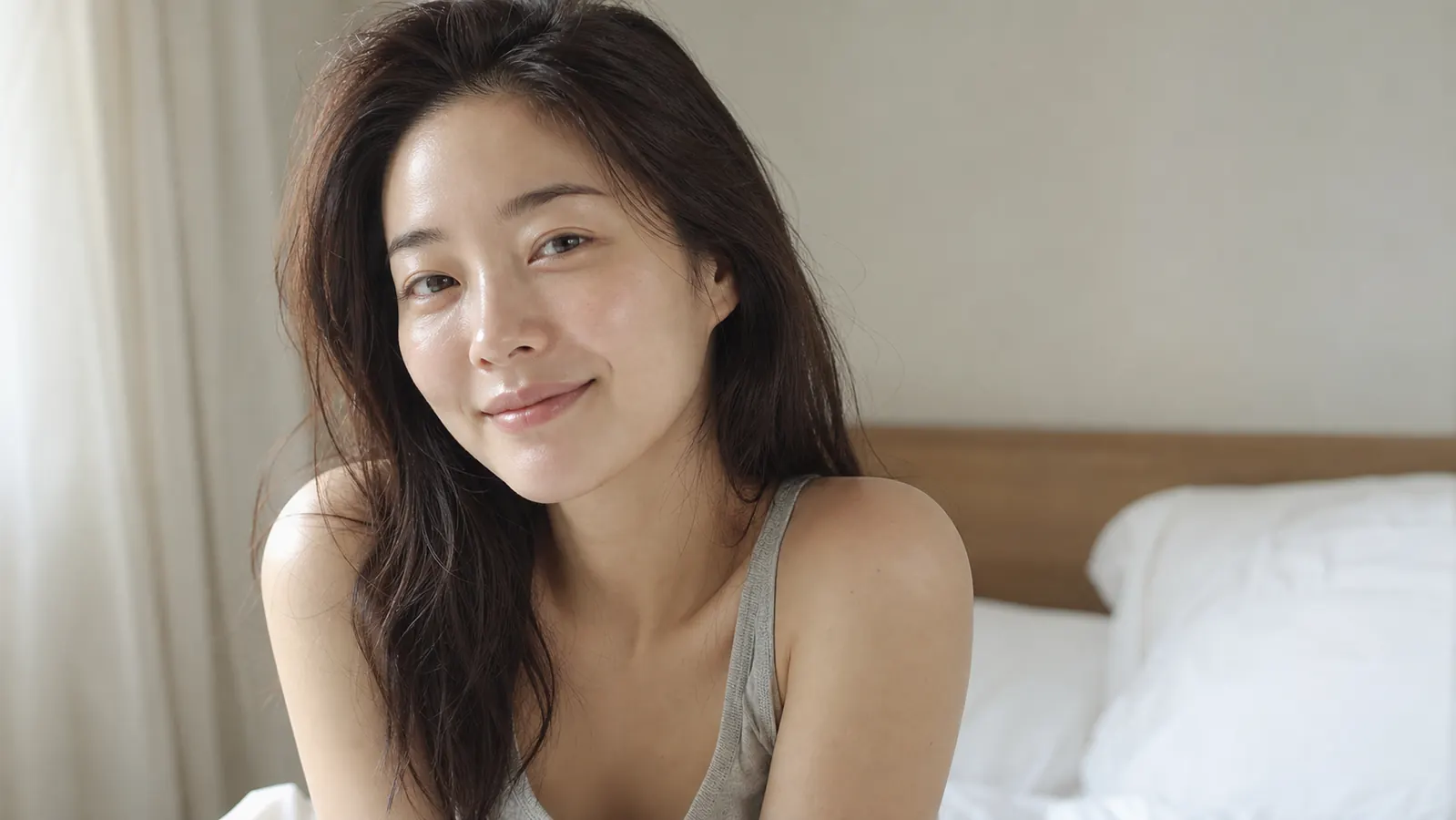 Woman waking up with glowing, plump skin after overnight masking routine