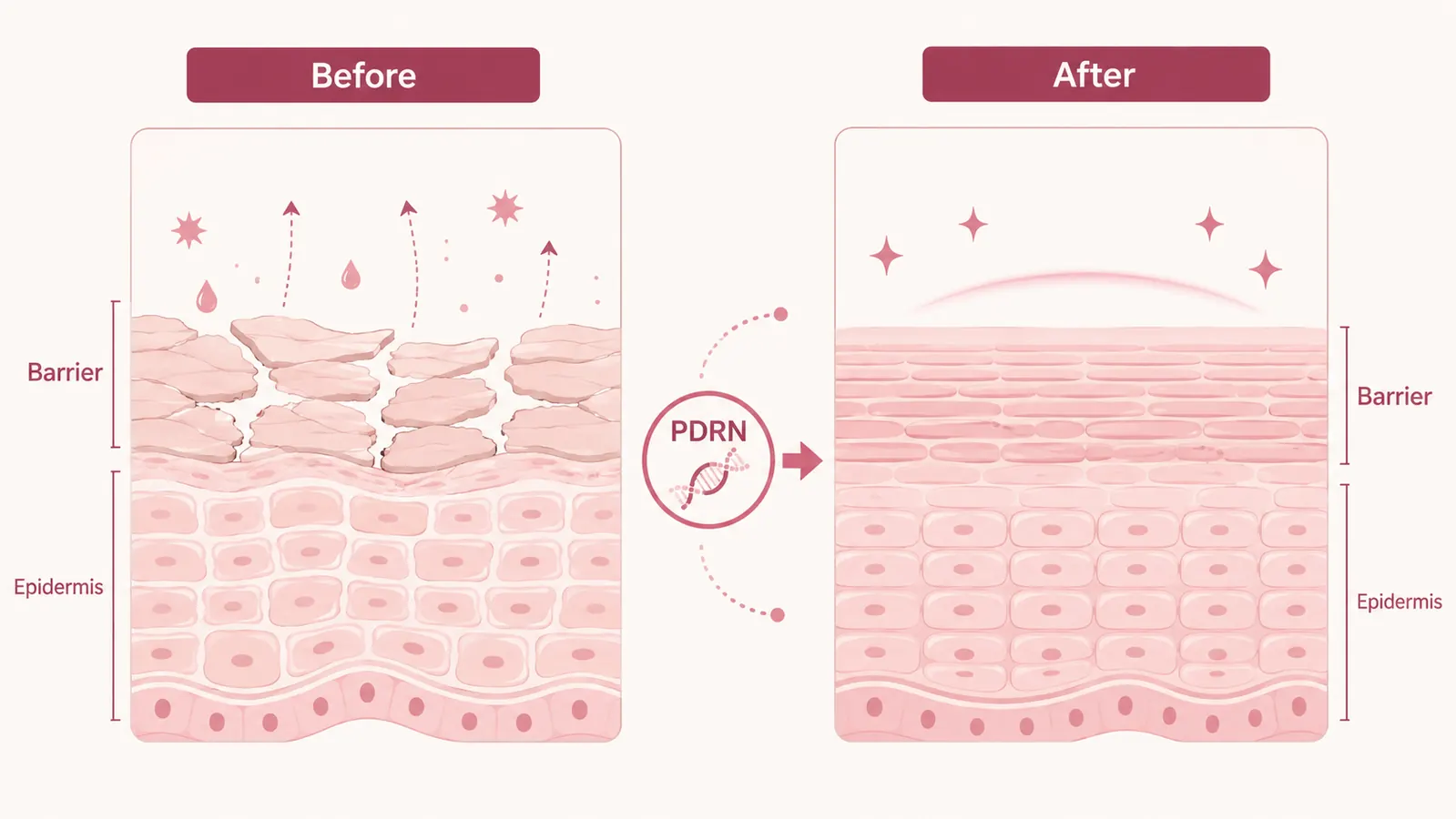 Split-panel illustration showing the snail mucin ingredient mechanism repairing the skin barrier layer