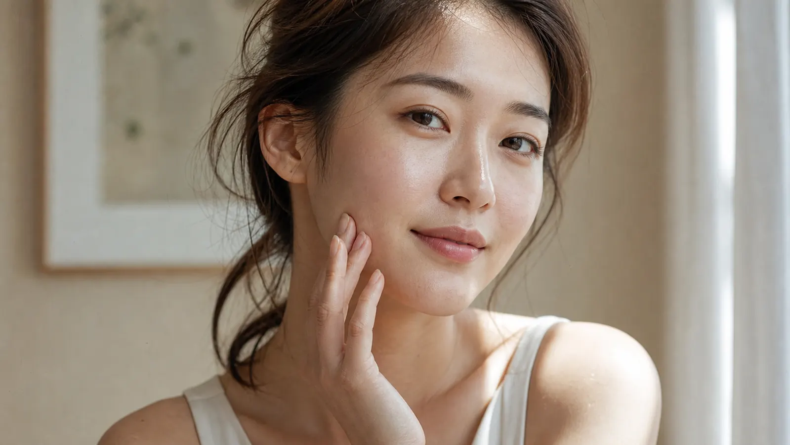 Woman with glowing, hydrated skin touching her cheek gently in soft morning light