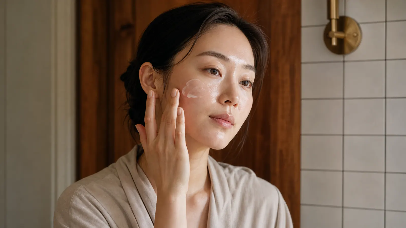 Woman with glowing, dewy skin applying a light gel cream to her cheek in a softly lit bathroom
