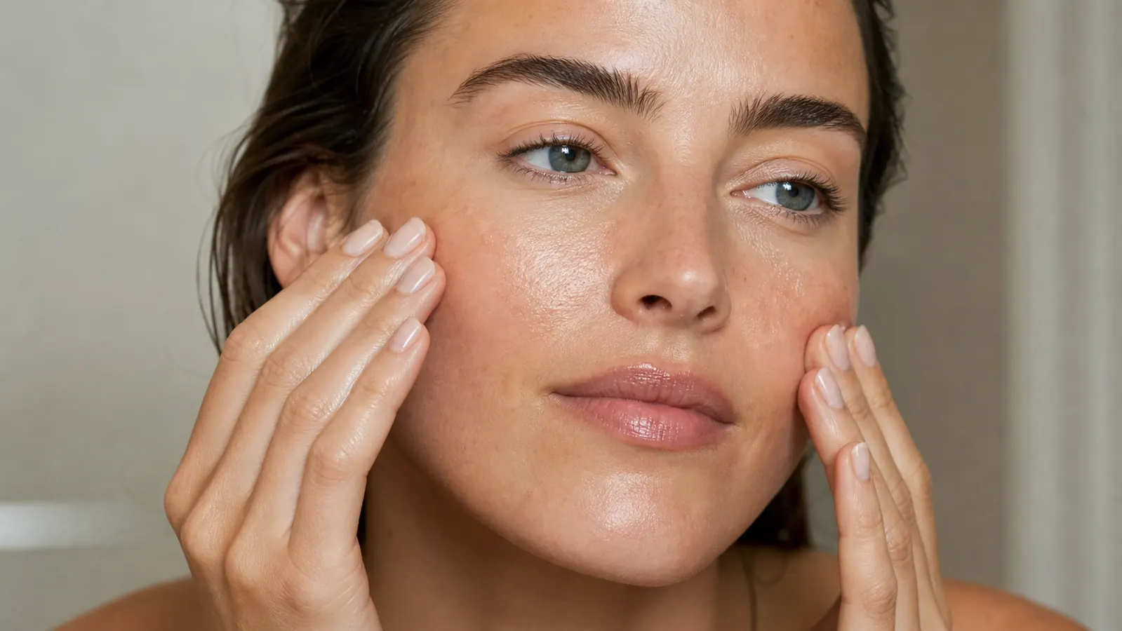 Morning skincare routine, woman patting serum into dewy glowing skin in soft natural light