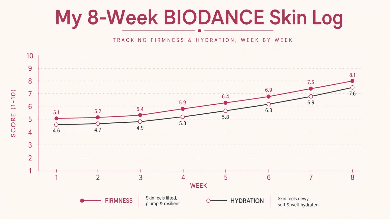 Chart showing skin firmness and hydration self-assessment scores across 8 weeks of nightly BIODANCE PDRN mask use