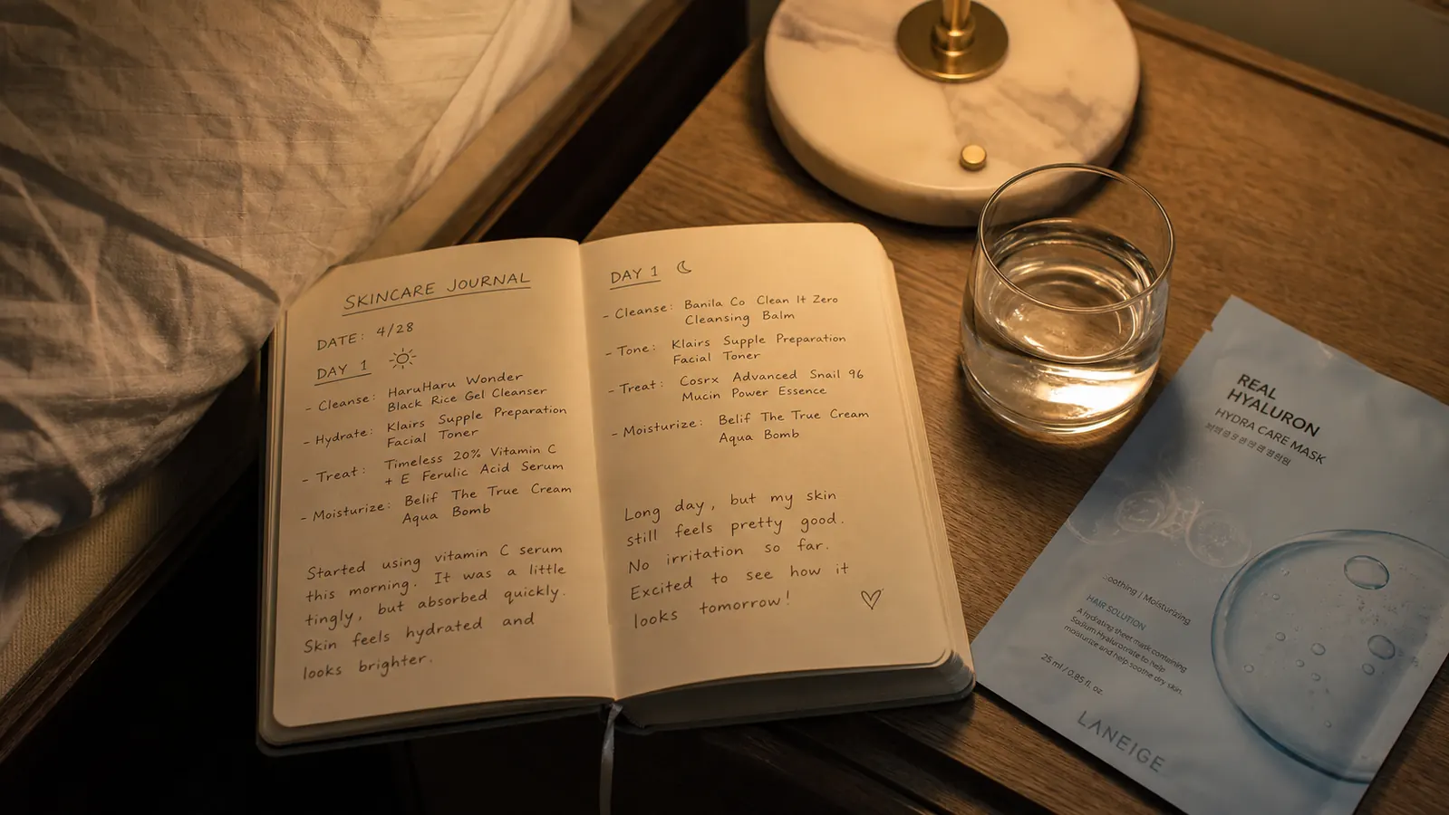 Overhead view of a nightstand with the BIODANCE mask packet, a glass of water, and a skincare journal open to a weekly log