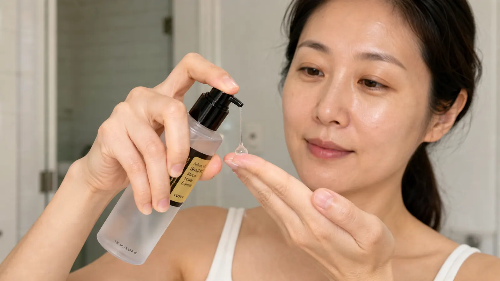 Close-up of a person dispensing a small amount of clear gel serum from the COSRX pump onto their fingertip showing the transparent gel texture