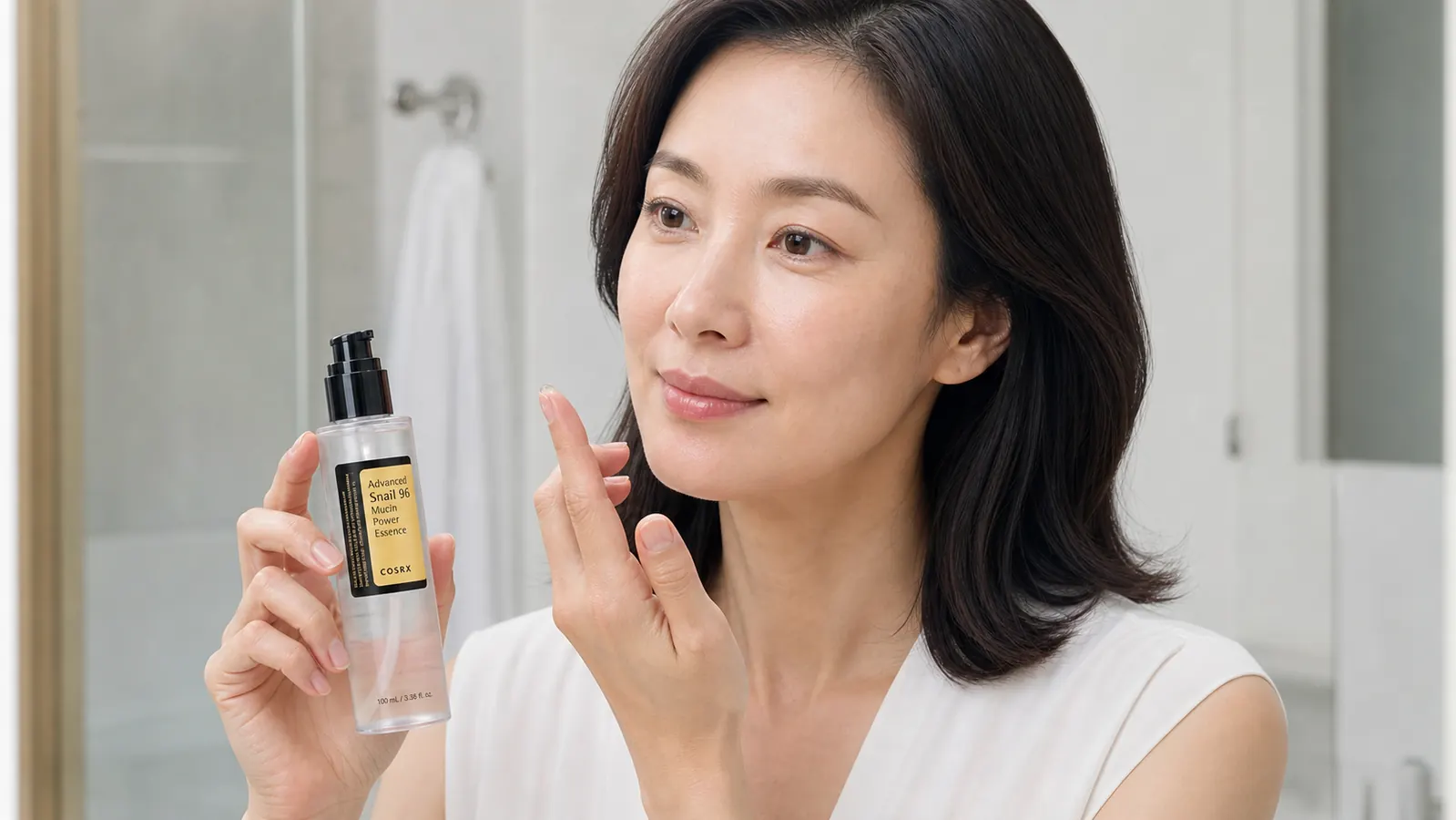Woman applying a clear gel serum to her cheek using her fingertip, serum catching the light with COSRX bottle visible in background