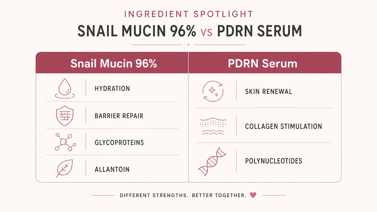Comparison chart showing snail mucin ingredient benefits versus PDRN serum ingredient benefits