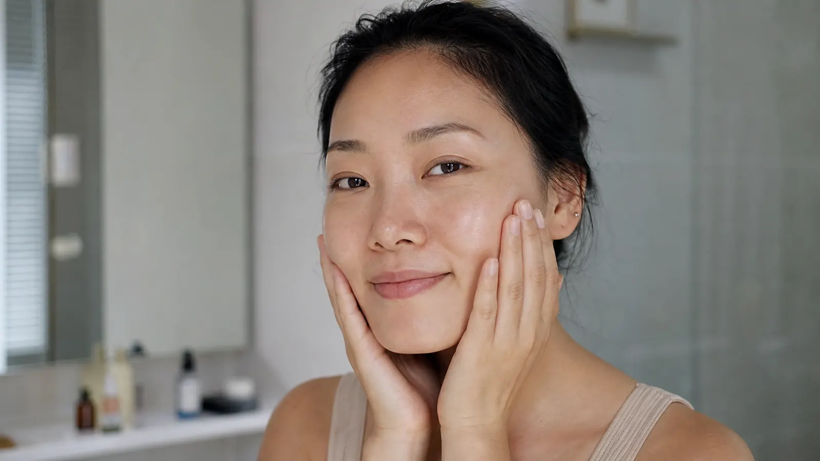 Woman pressing both palms gently to cheeks in morning bathroom mirror routine