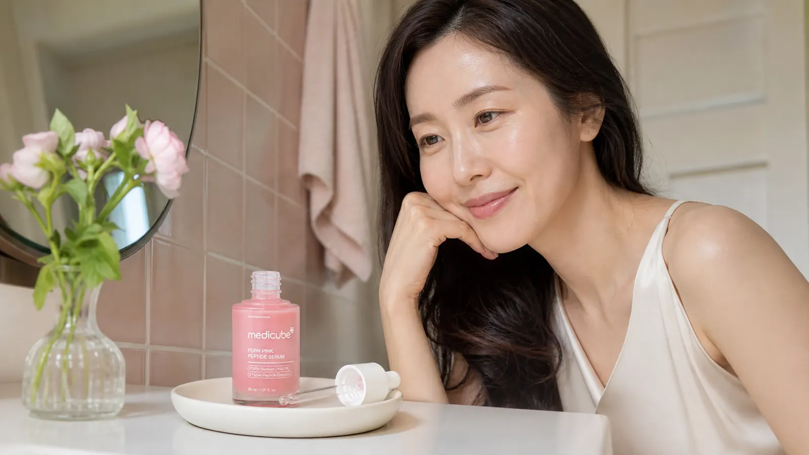 Close-up of the medicube PDRN Pink Peptide Serum bottle resting on a white ceramic dish beside a dropper