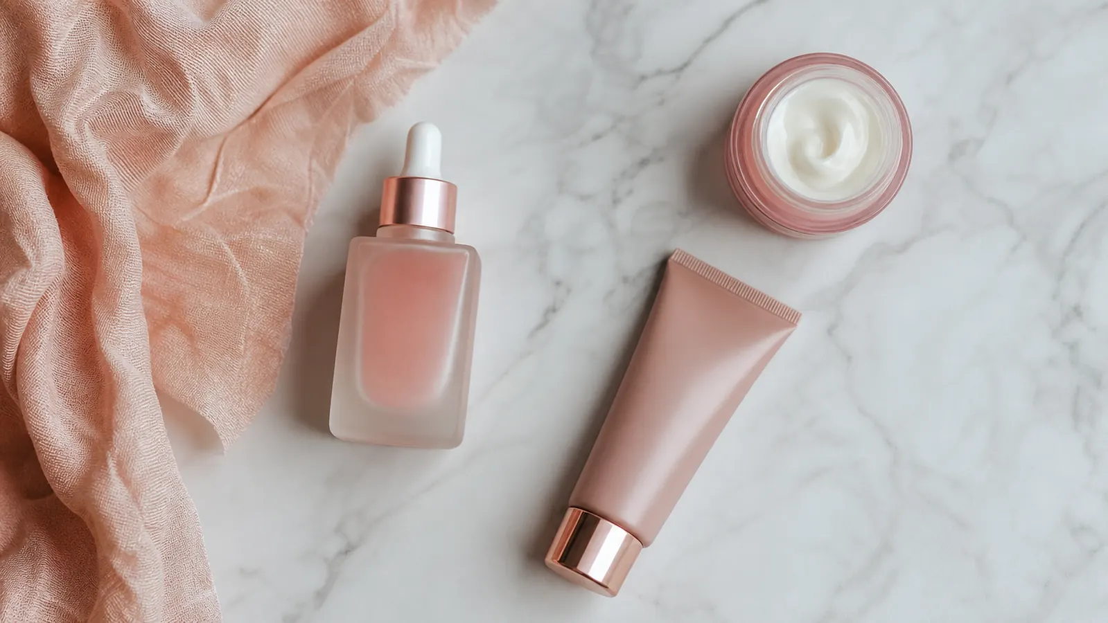 Flat lay of a minimal skincare routine: cleanser, toner pad, and the medicube pink serum on a stone tray