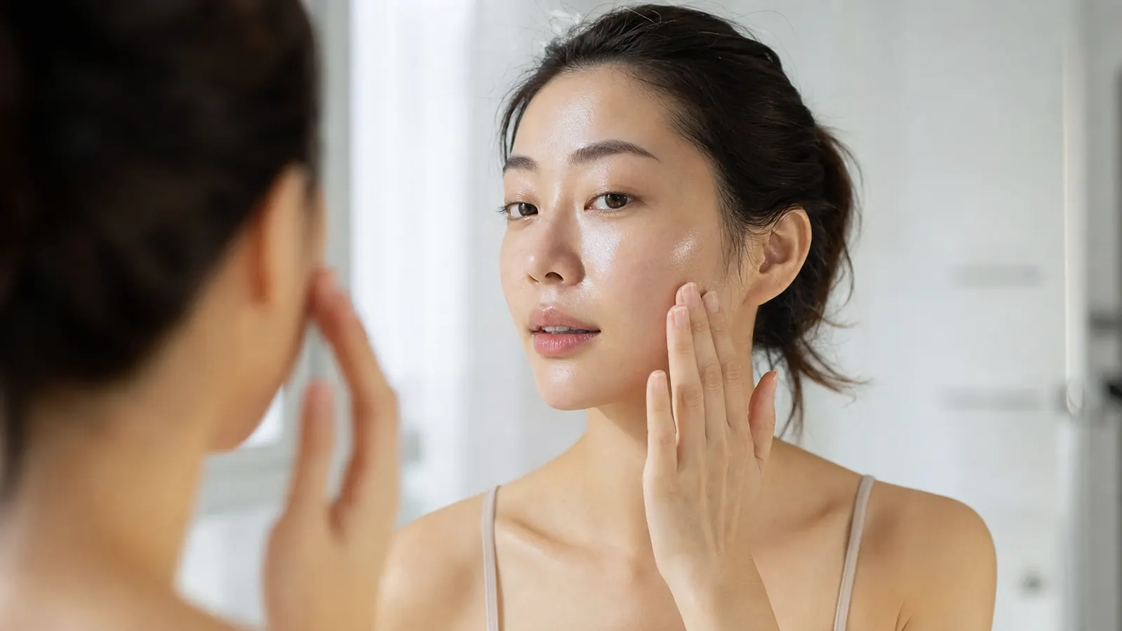 Woman with clear glowing skin applying serum to cheek in a bright bathroom, K-beauty morning routine