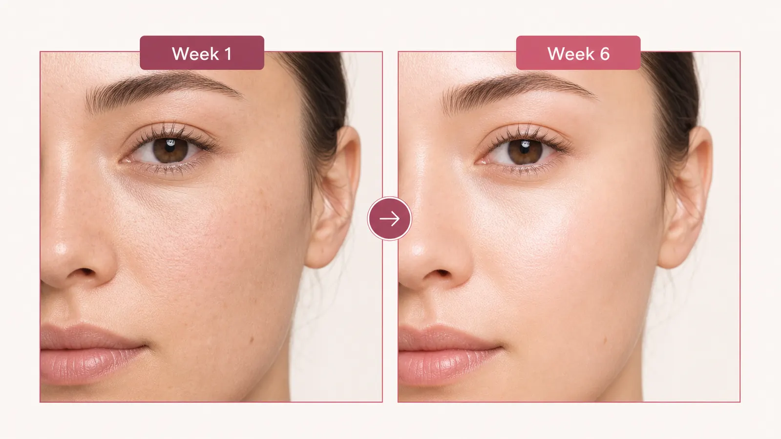 Before and after skin texture comparison: left side showing dull congested skin, right side showing luminous even-toned skin