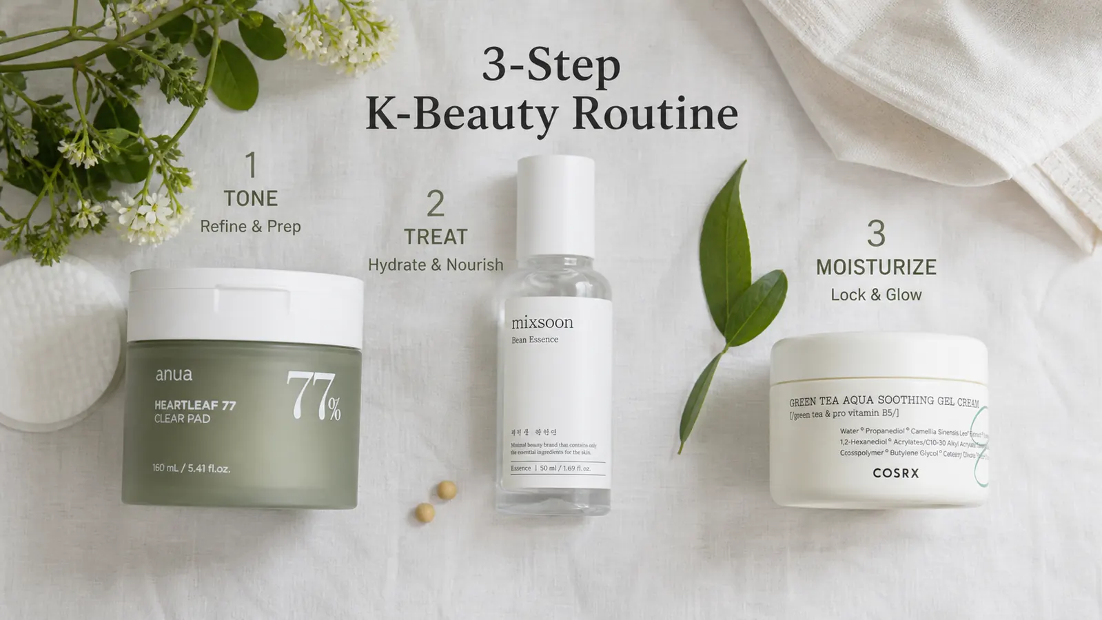 Flat-lay of a minimal K-beauty skincare routine with a PDRN essence bottle as the centerpiece